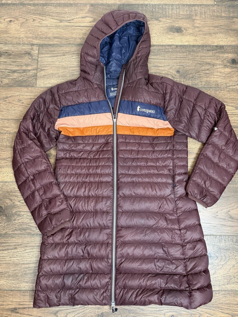 COTOPAXI Women's FUEGO DOWN PARKA Hooded Wine Plum Stripe Size Large READ